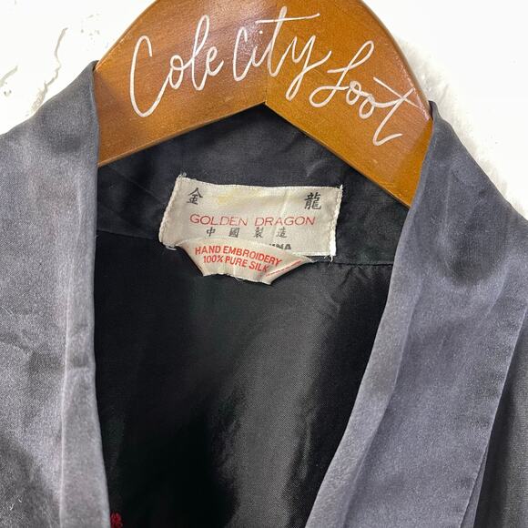 Golden Dragon Embroidered Kimono Robe Black Large Vintage Tie - Picture 2 of 9